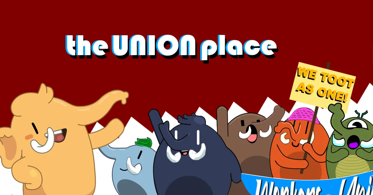 The Union Place logo: cartoon mastodons marching with a sign reading “We toot as one!”